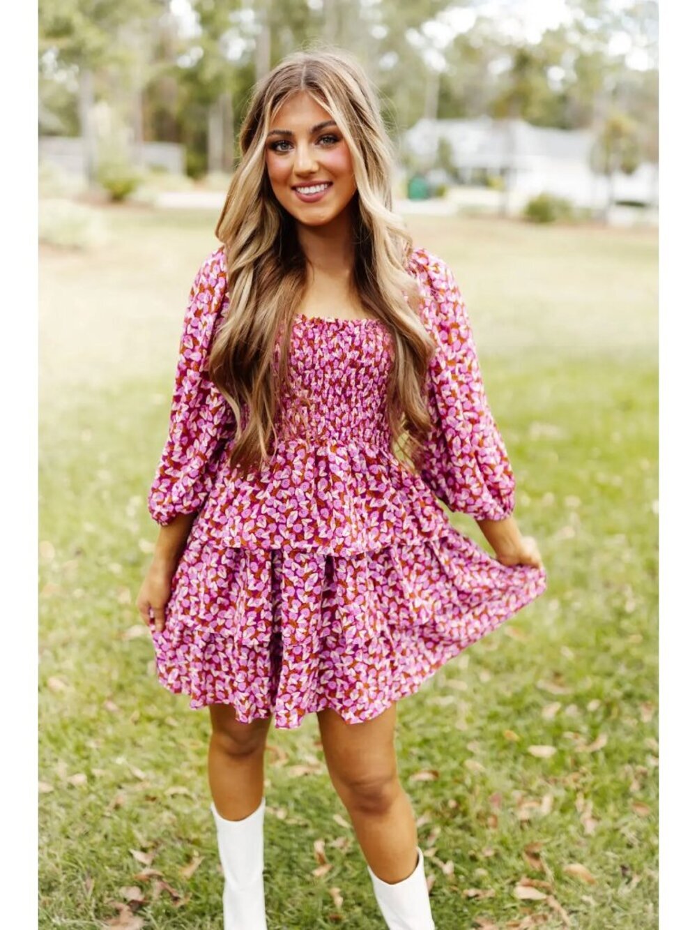 Entro Orchid Floral Printed Smocked Ruffle Tiered Mini Dress